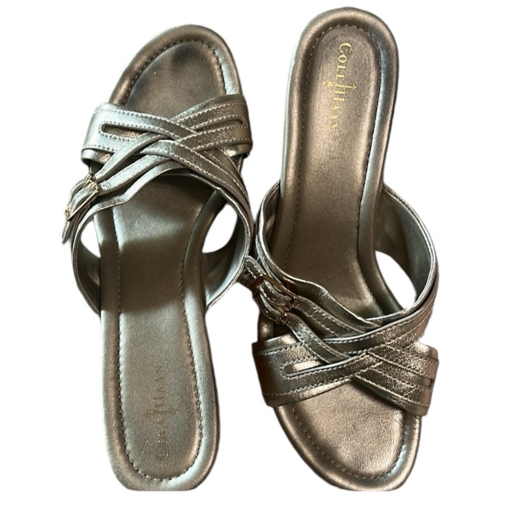 Cole Haan Wedge Mule Heel Sandal Metallic Gold Silver Size 9